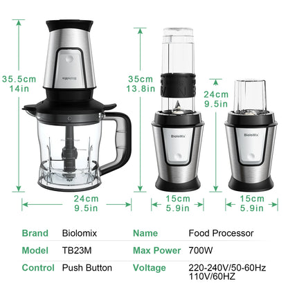 BioloMix 3-in-1 Multifunctional Food Processor 700W Portable Juicer Blender Personal Smoothie Mixer Food Chopper and Dry Grinder