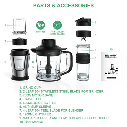 BioloMix 3-in-1 Multifunctional Food Processor 700W Portable Juicer Blender Personal Smoothie Mixer Food Chopper and Dry Grinder