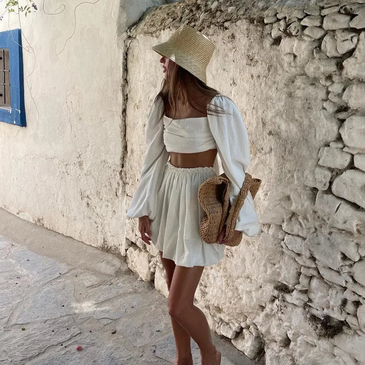 Spring and Summer Suit Women's Fashion Lace-up Tube Top Halter Top Pleated High-waisted Short Skirt Two-piece Set