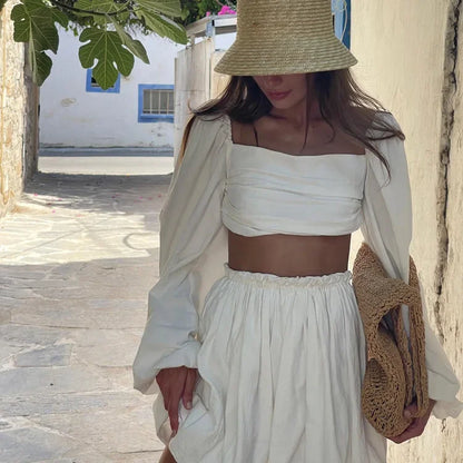 Spring and Summer Suit Women's Fashion Lace-up Tube Top Halter Top Pleated High-waisted Short Skirt Two-piece Set