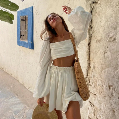 Spring and Summer Suit Women's Fashion Lace-up Tube Top Halter Top Pleated High-waisted Short Skirt Two-piece Set