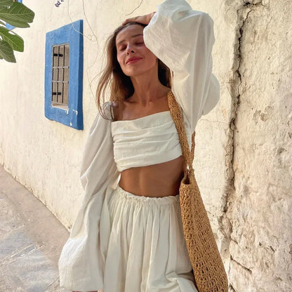 Spring and Summer Suit Women's Fashion Lace-up Tube Top Halter Top Pleated High-waisted Short Skirt Two-piece Set