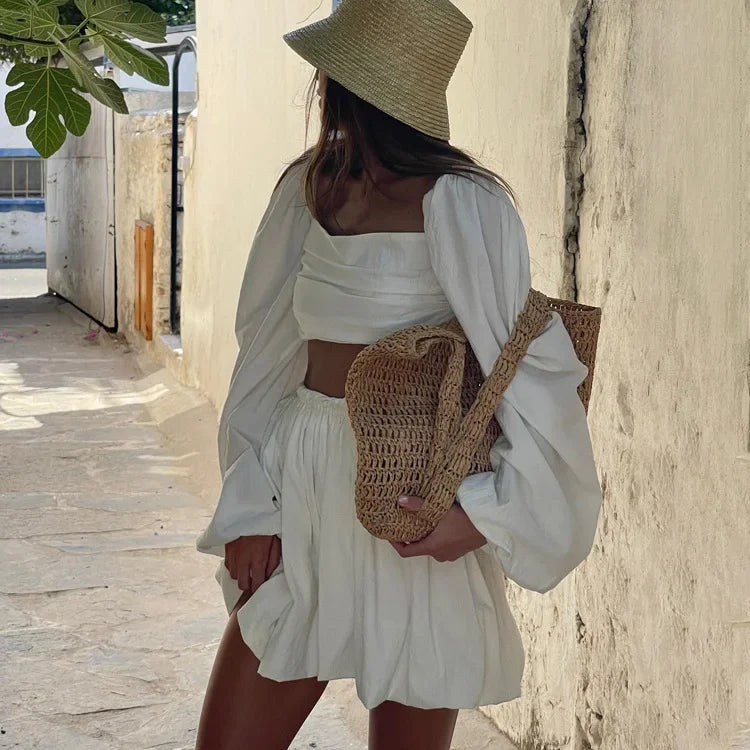 Spring and Summer Suit Women's Fashion Lace-up Tube Top Halter Top Pleated High-waisted Short Skirt Two-piece Set
