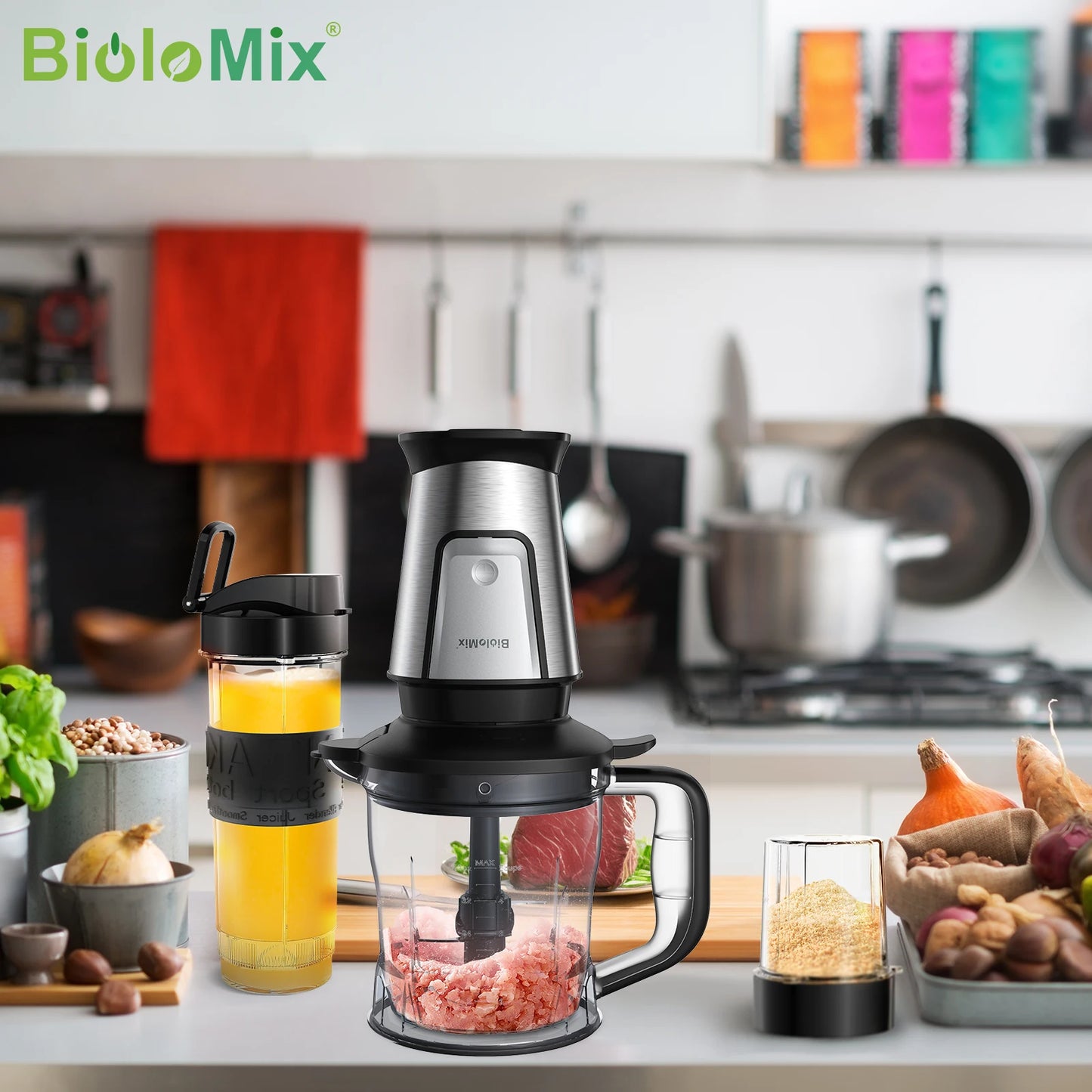 BioloMix 3-in-1 Multifunctional Food Processor 700W Portable Juicer Blender Personal Smoothie Mixer Food Chopper and Dry Grinder